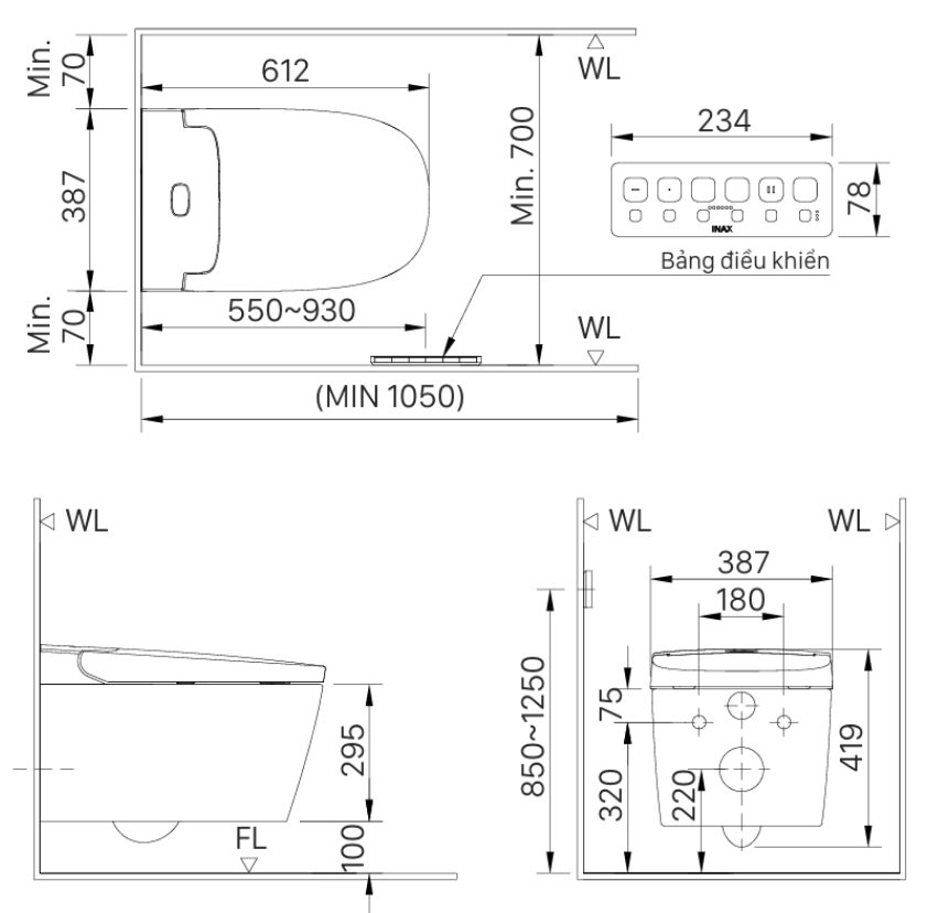Bản vẽ bồn cầu treo tường thông minh Inax AC-821VN