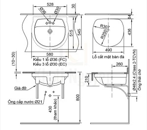 Bản vẽ kỹ thuật chậu lavabo AL-2094V