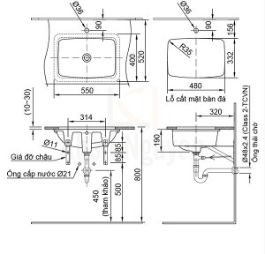 Bản Vẽ Chậu Rửa Lavabo Inax AL-2298V Âm Bàn AquaCeramic