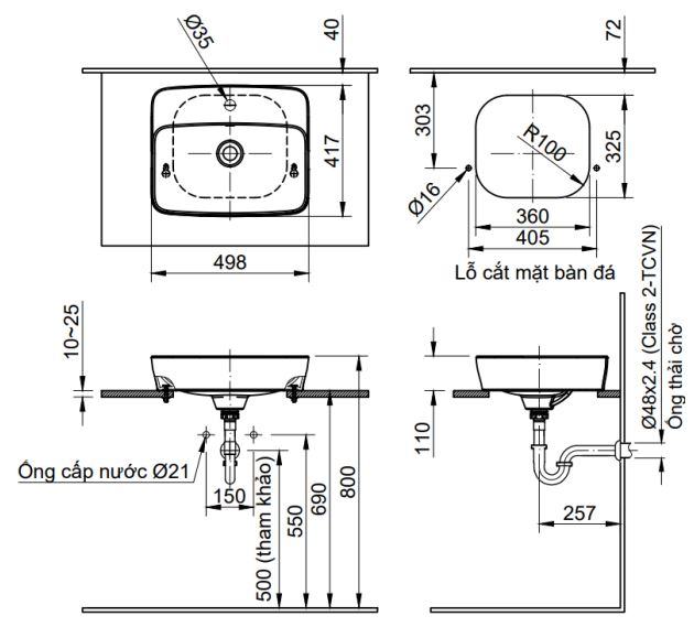 Bản vẽ lavabo Inax AL-286V đặt bàn Aqua Ceramic