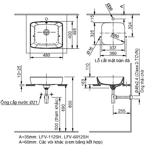 Bản vẽ lavabo Inax AL-369V đặt bàn Aqua Ceramic