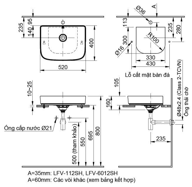 Bản vẽ lavabo Inax AL-638V đặt bàn Aqua Ceramic