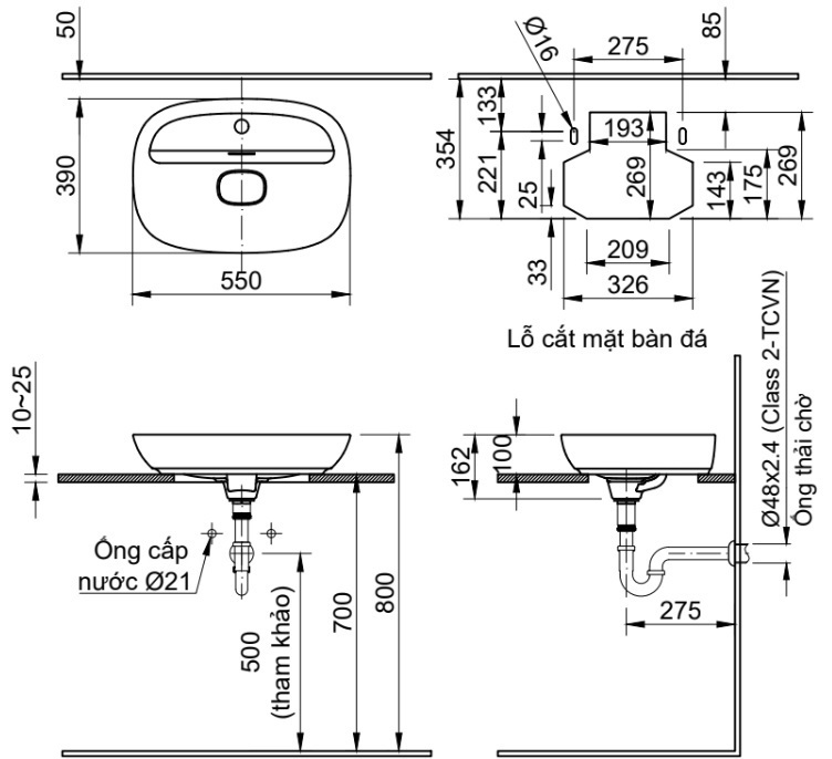 bản vẽ kỹ thuật lavabo Inax AL-662V đặt bàn AquaCeramic