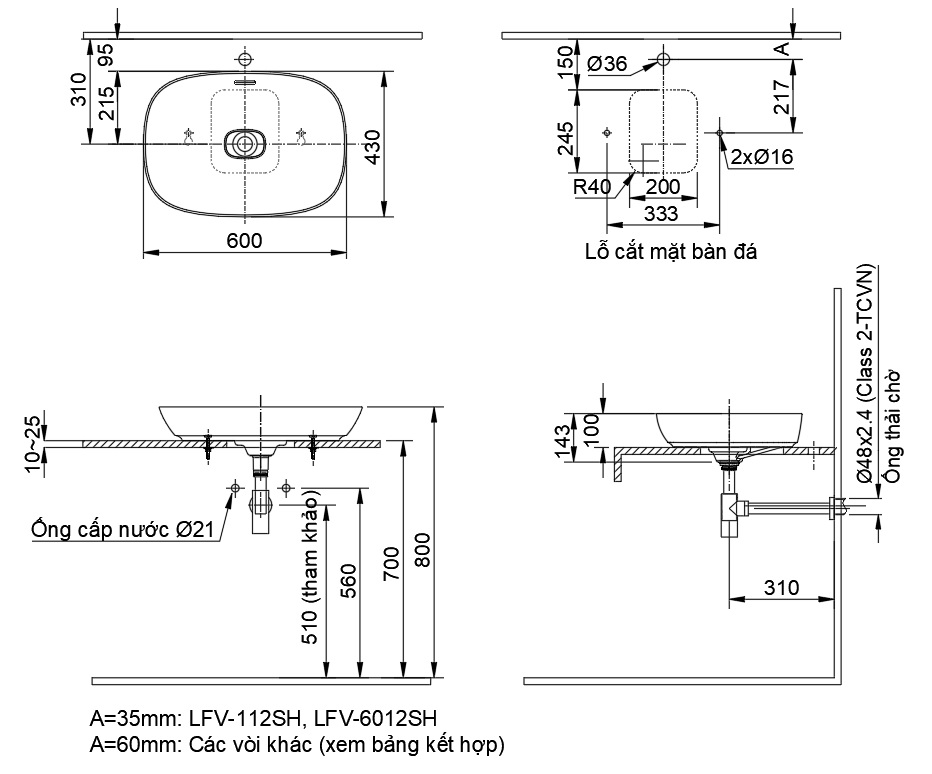 Bản vẽ lavabo Inax AL-682V đặt bàn