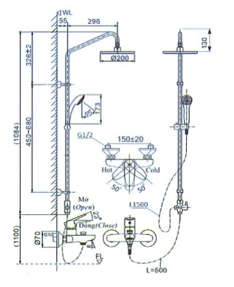 Bản Vẽ Sen Tắm Cây Inax BFV-1115S-3C Nóng Lạnh