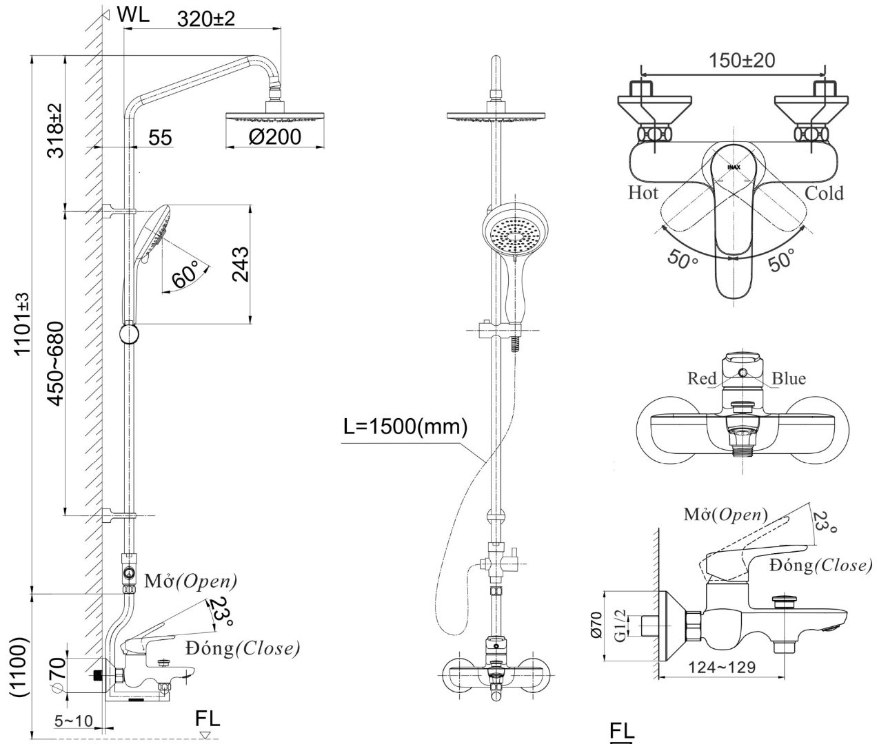 Bản vẽ sen tắm cây Inax BFV-1405S-2