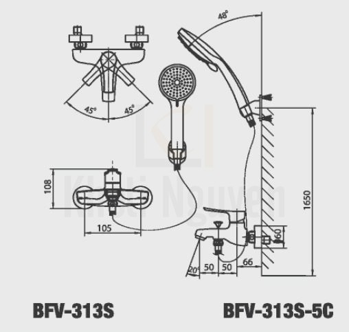 Bản Vẽ Vòi Sen Nóng Lạnh Inax BFV-313S-5C