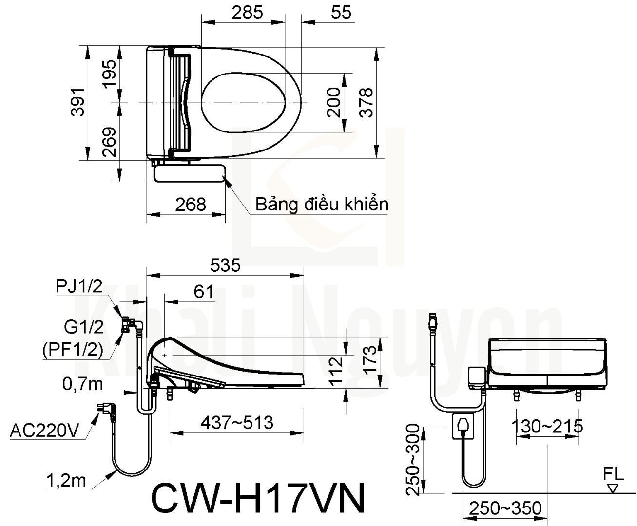 Bản Vẽ Nắp Bồn Cầu Điện Tử INAX CW-H17VN Shower Toilet