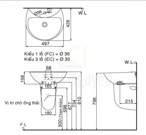 Bản Vẽ Lavabo Treo Tường Inax L-285V/L-288VC Kèm Chân Ngắn