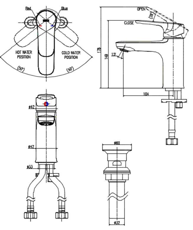 Bản vẽ vòi lavabo Inax 1 lỗ LFV-1402S-R