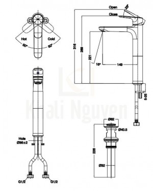 Bản Vẽ Vòi Lavabo Inax LFV-1402SH Nóng Lạnh Thân Cao