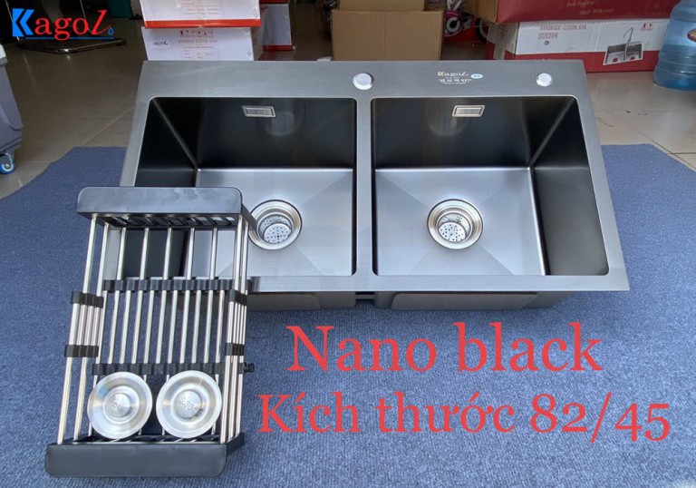 Chậu Rửa Bát Handmade Đúc Phủ Nano Black Hai Hố Cân Kagol KND8245 Can