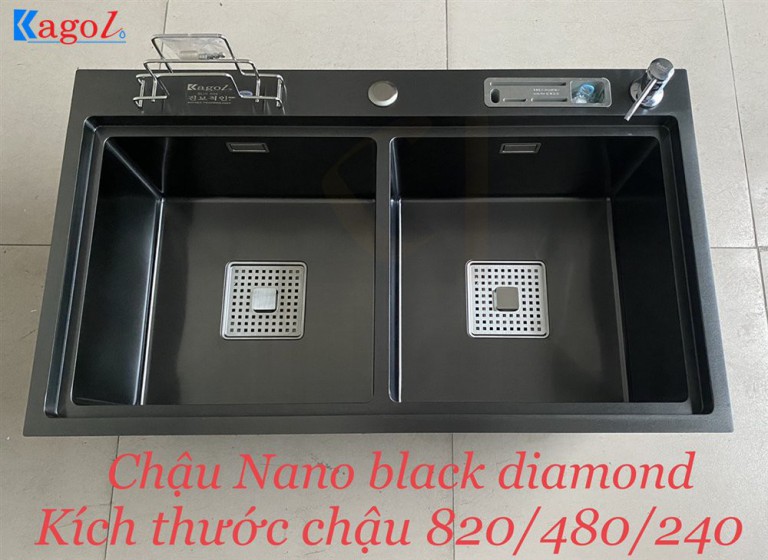 Chậu Rửa Bát Handmade Đúc Phủ Nano Black Hai Hố Cân Kagol KND8248 can CD