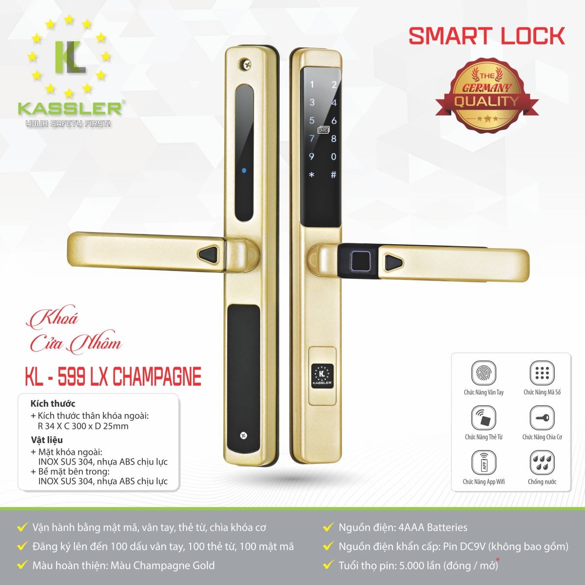 Khóa Cửa Nhôm Kassler KL-599 LX CHAMPAGNE