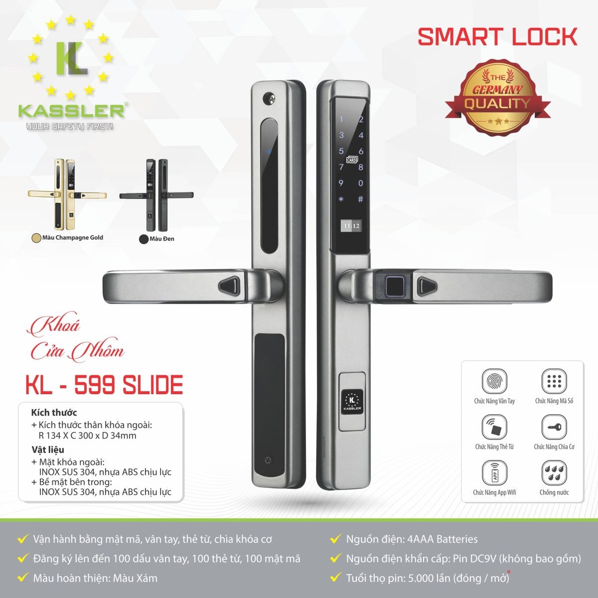 Khóa Cửa Nhôm Kassler KL-599 Slide