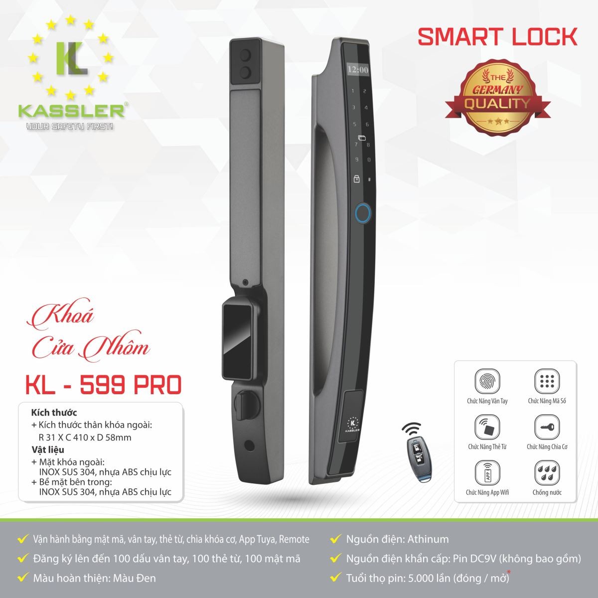 Khóa Cửa Nhôm Kassler KL-599 Pro