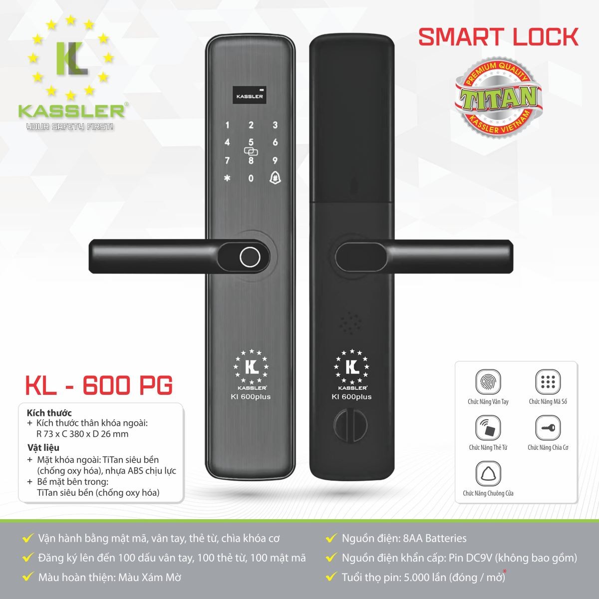 Khóa Cửa Vân Tay Kassler KL-600PG APP | TITAN Siêu Bền