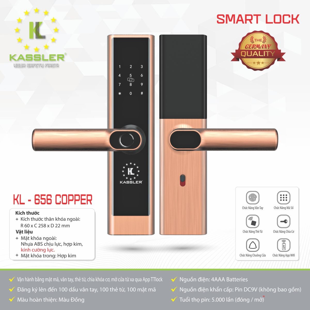 Khóa Cửa Vân Tay Kassler KL-656COPPER
