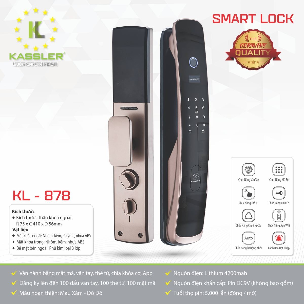 Khóa Cửa Vân Tay Kassler KL-878