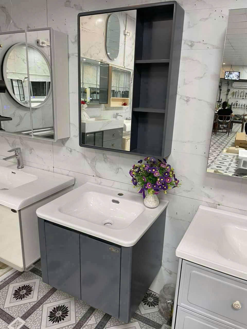 Bộ tủ chậu lavabo + Tủ gương bằng nhựa đặc | Bản lề inox 304 | Kích thước 60x48