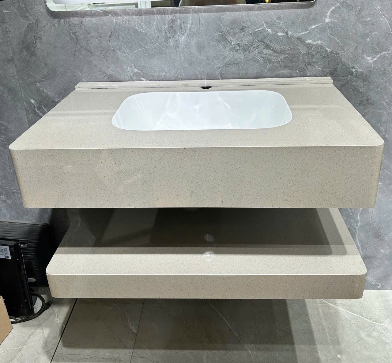 Bộ bàn đá lavabo 2 tầng chống xước, đá Bo viền TerraZo | Tràn viền không góc khuất | đã kèm chân treo