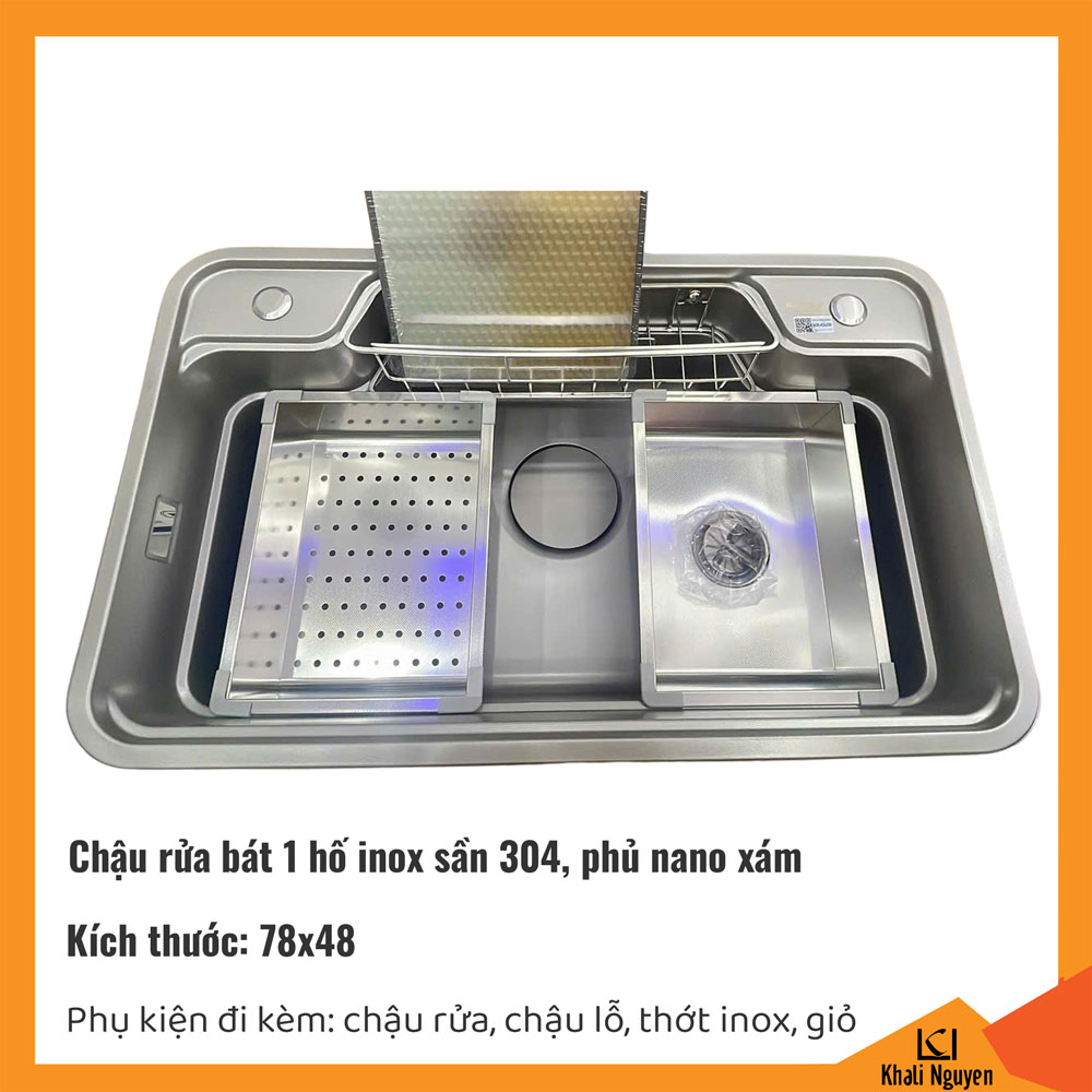 Chậu rửa bát chén inox sần 304 cao cấp phủ nano xám | Kích thước 78x48 | Tặng kèm chậu rửa, chậu lỗ, thớt inox, giỏ