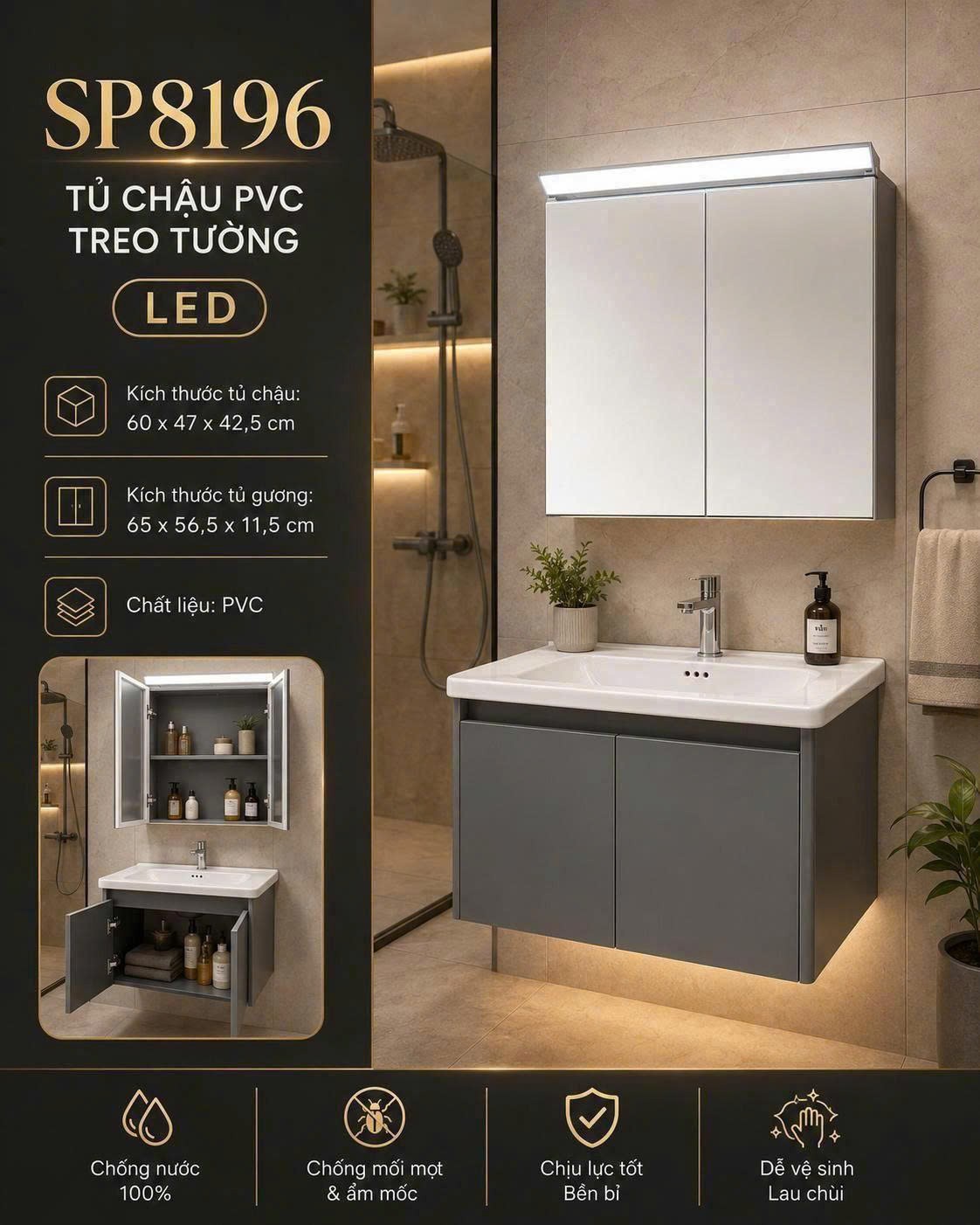 Bộ tủ chậu PVC treo tường SP8196