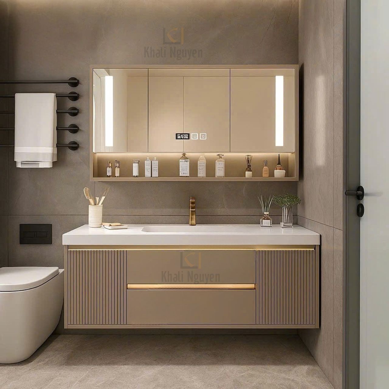 ộ tủ chậu lavabo kèm gương Led, KT:100cm | Tủ nhựa PVC chống nước tuyệt đối | Gương led có chế độ sấy và đồng hồ