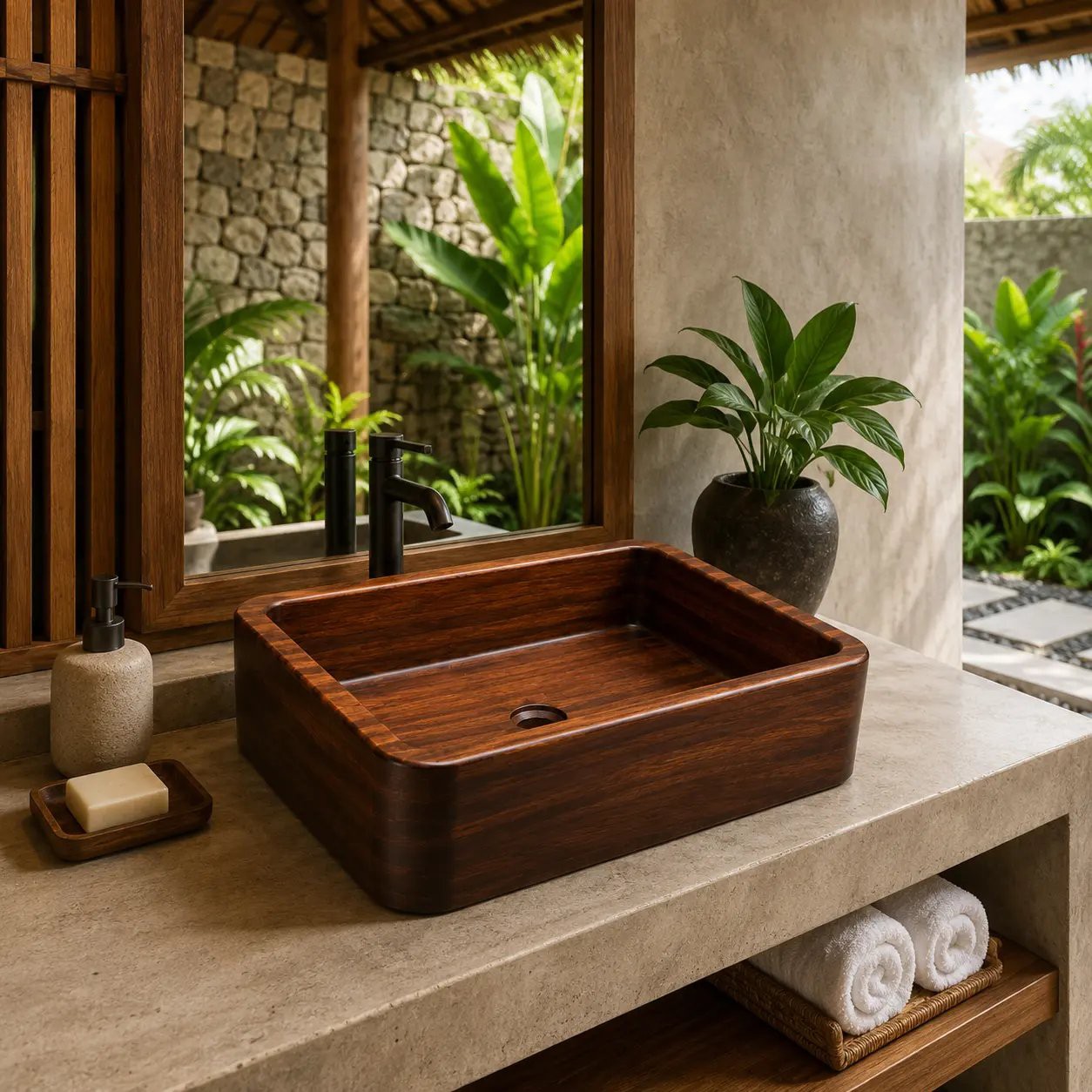 Chậu lavabo Acacia gỗ nung WF-LV-TB-420A đặt bàn - hình 2
