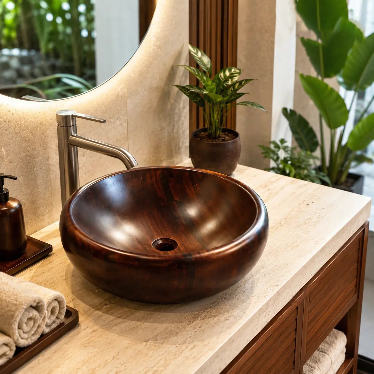 Chậu lavabo gỗ tần bì WF-LV-TB-420B đặt bàn - hình 1