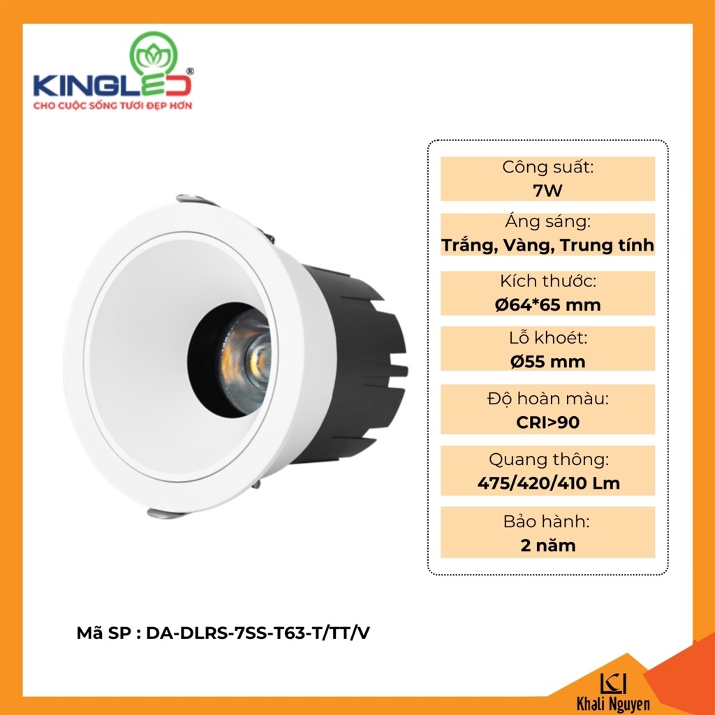 Đèn led âm trần chiếu rọi 7W Kingled DA-DLRS-7SS-T63-T/TT/V