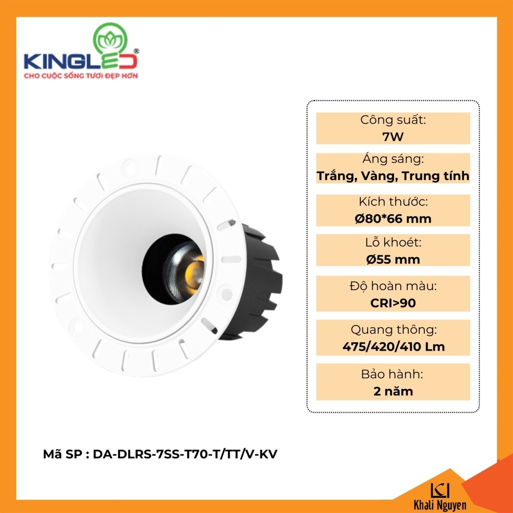 Đèn led âm trần chiếu rọi ZIRCON 7W Kingled DA-DLRS-7SS-T70-T/TT/V-KV