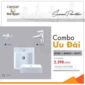 Combo KM chậu lavabo + Vòi lavabo N/L + Vòi lạnh gắn tường Caesar LF5261 + B490CU + W027C