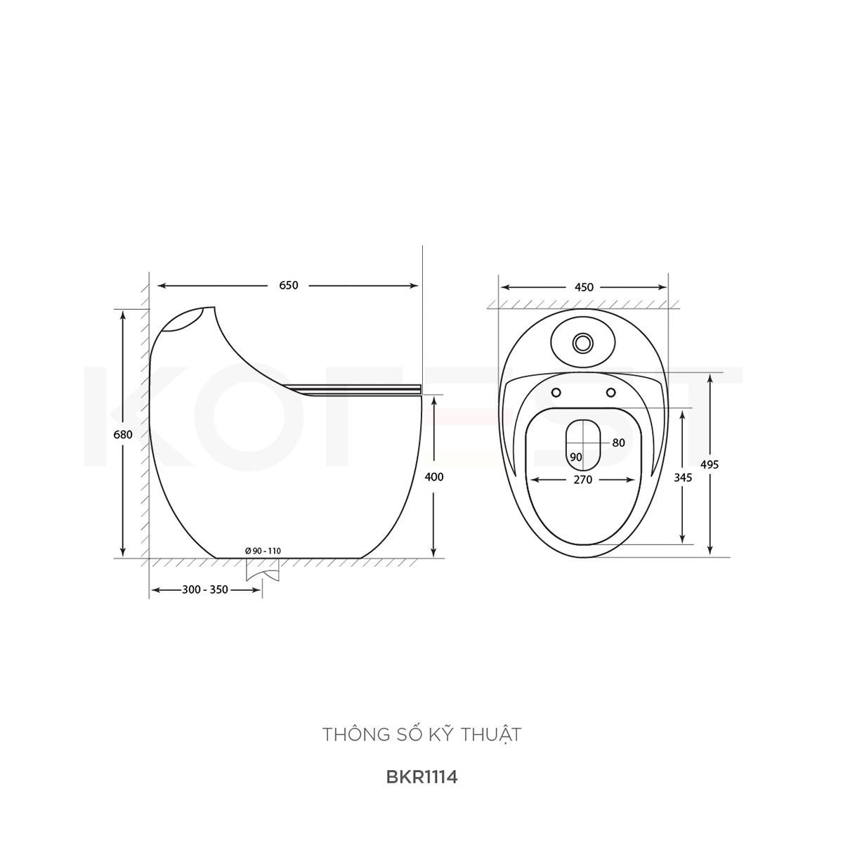 Bản vẽ bồn cầu 1 khối Korest BKR1114