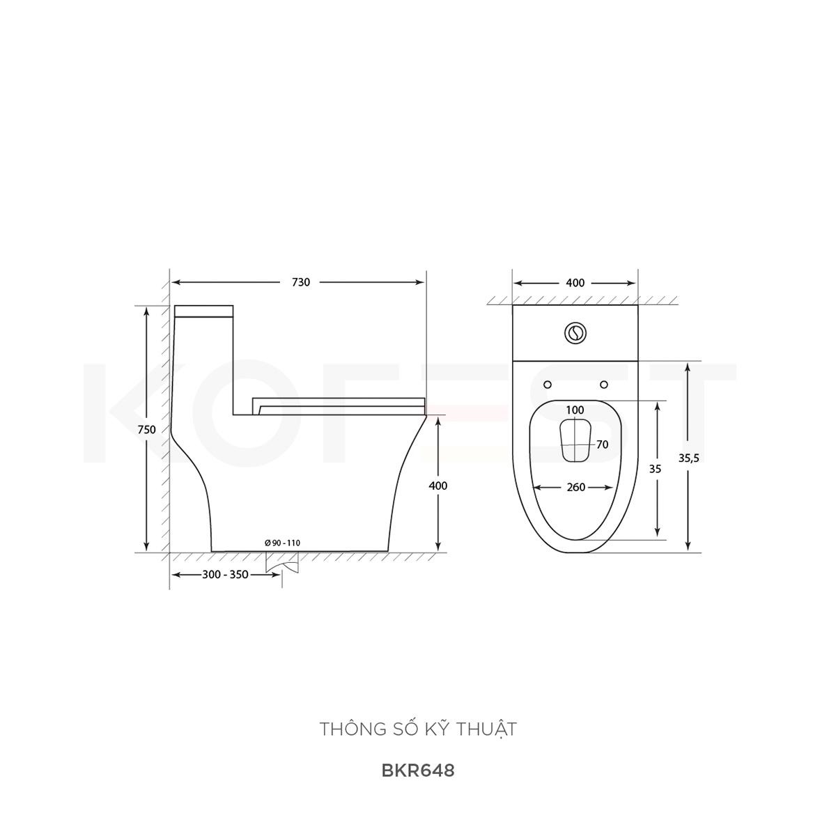 Bản vẽ bồn cầu 1 khối Korest BKR648