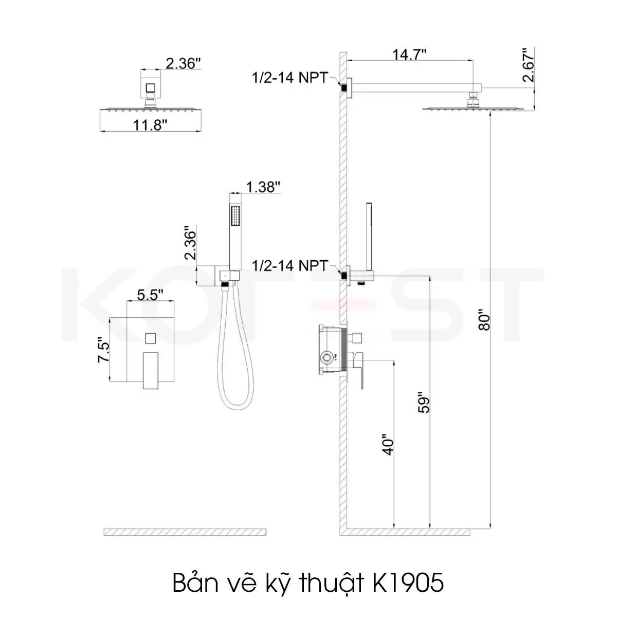 Bản vẽ bộ sen tắm âm tường Korest K1905