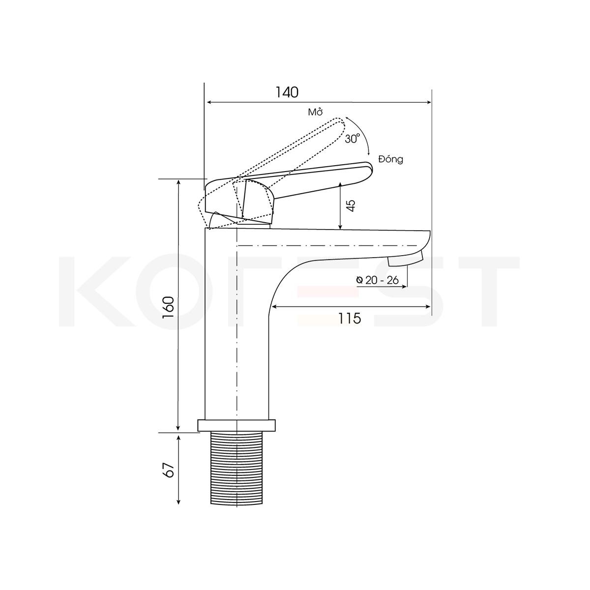 Bản vẽ Vòi Lavabo Korest K2206 1 Lỗ