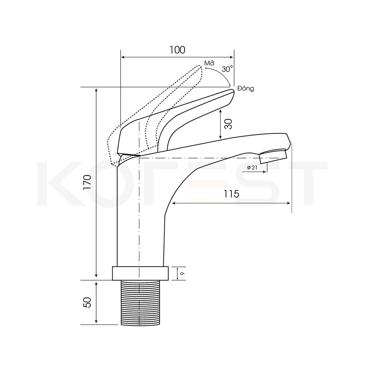 Bản vẽ vòi lavabo 1 lỗ Korest K2208