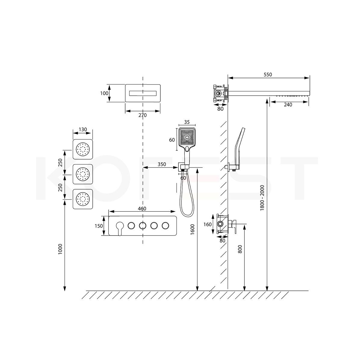Bản vẽ sen tắm âm tường Korest KA1999