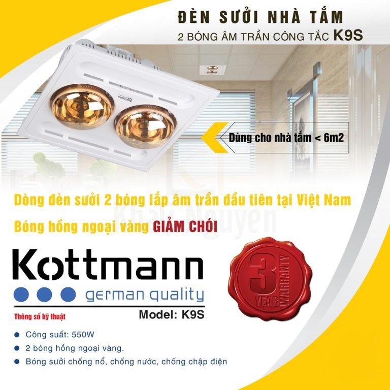 Đèn Sưởi Phòng Tắm 2 Bóng Kottmann K9-S