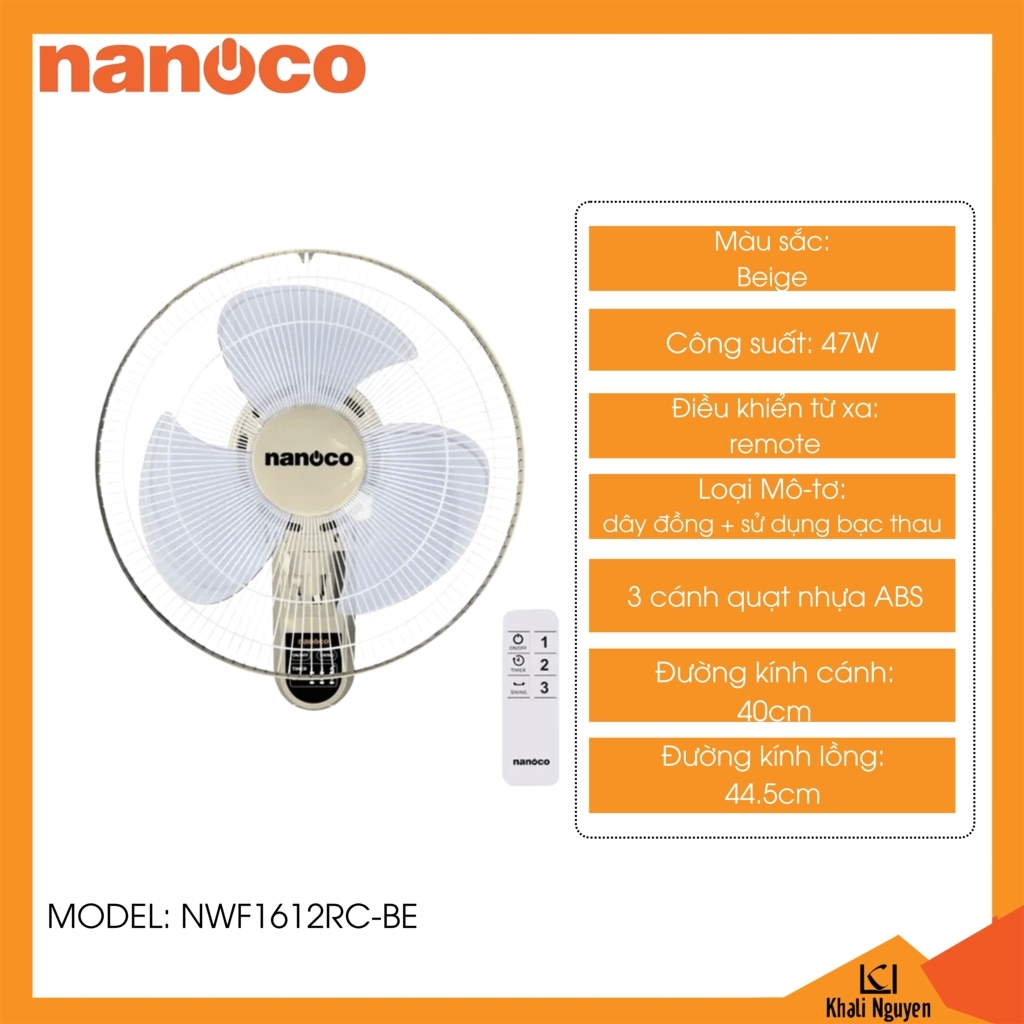 Quạt treo tường Nanoco NWF1612RC-BE