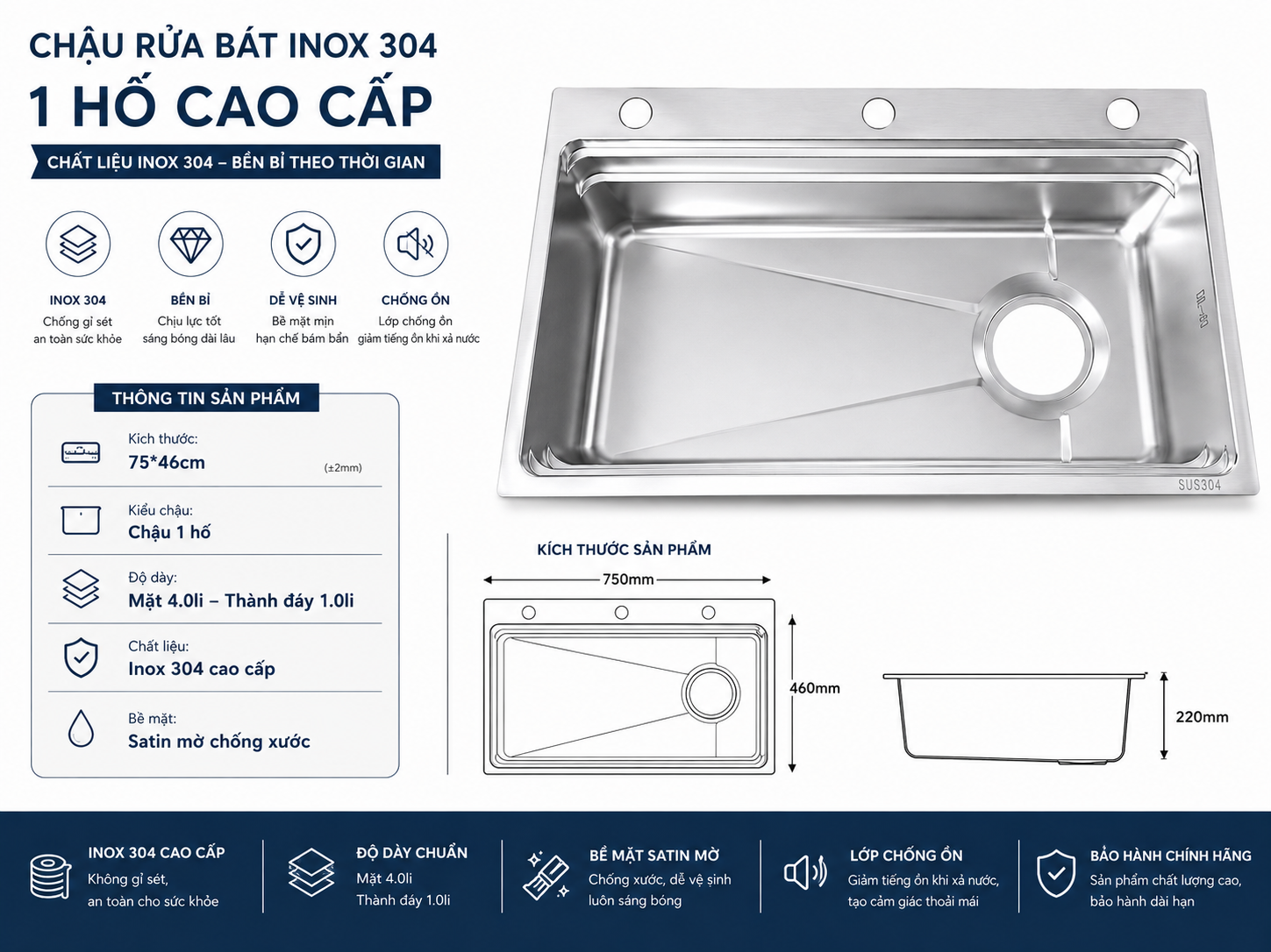 Thông tin chậu rửa bát inox 304