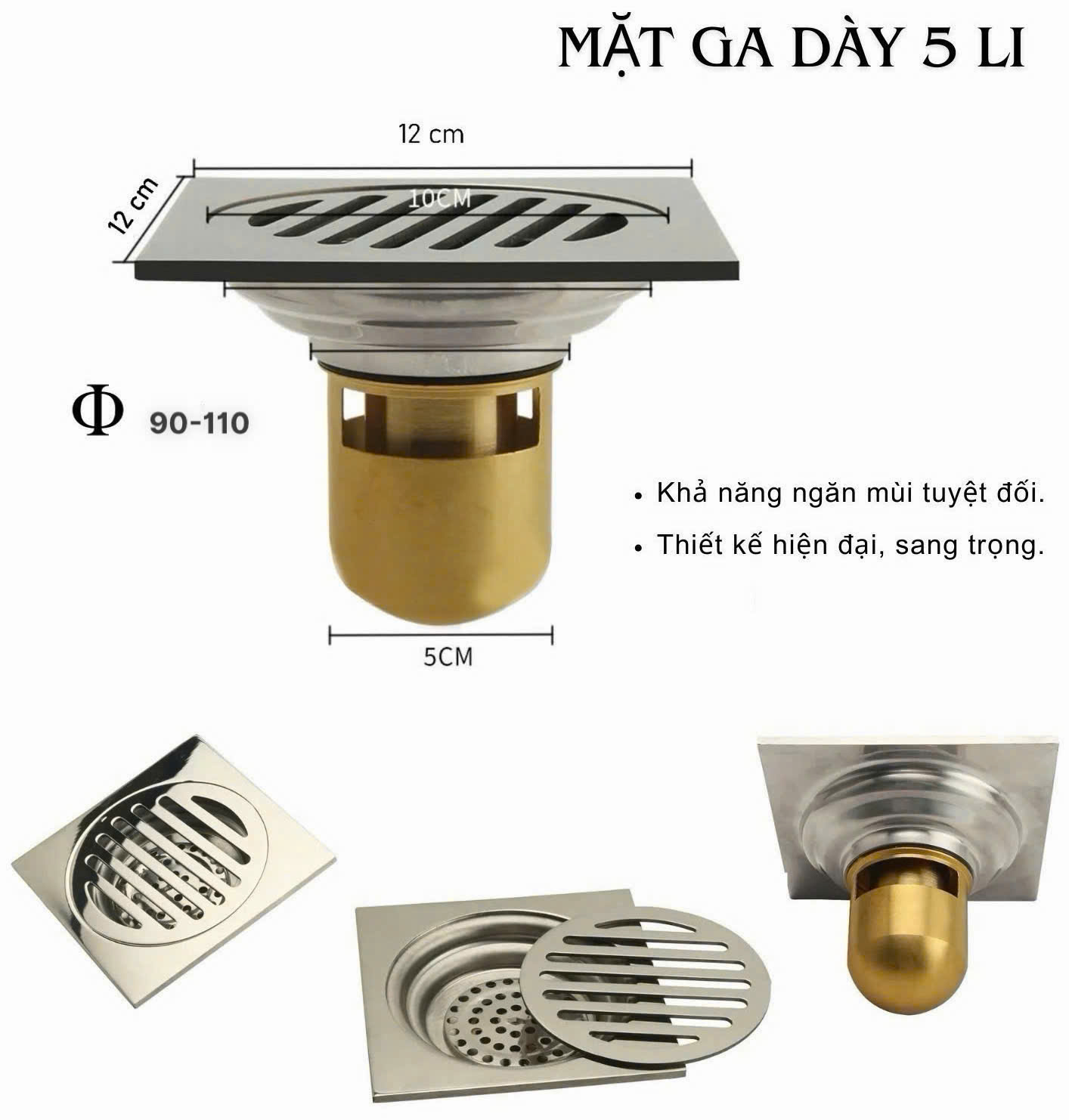Ga thoát sàn Inox SUS304  ngắn mùi tuyệt đối