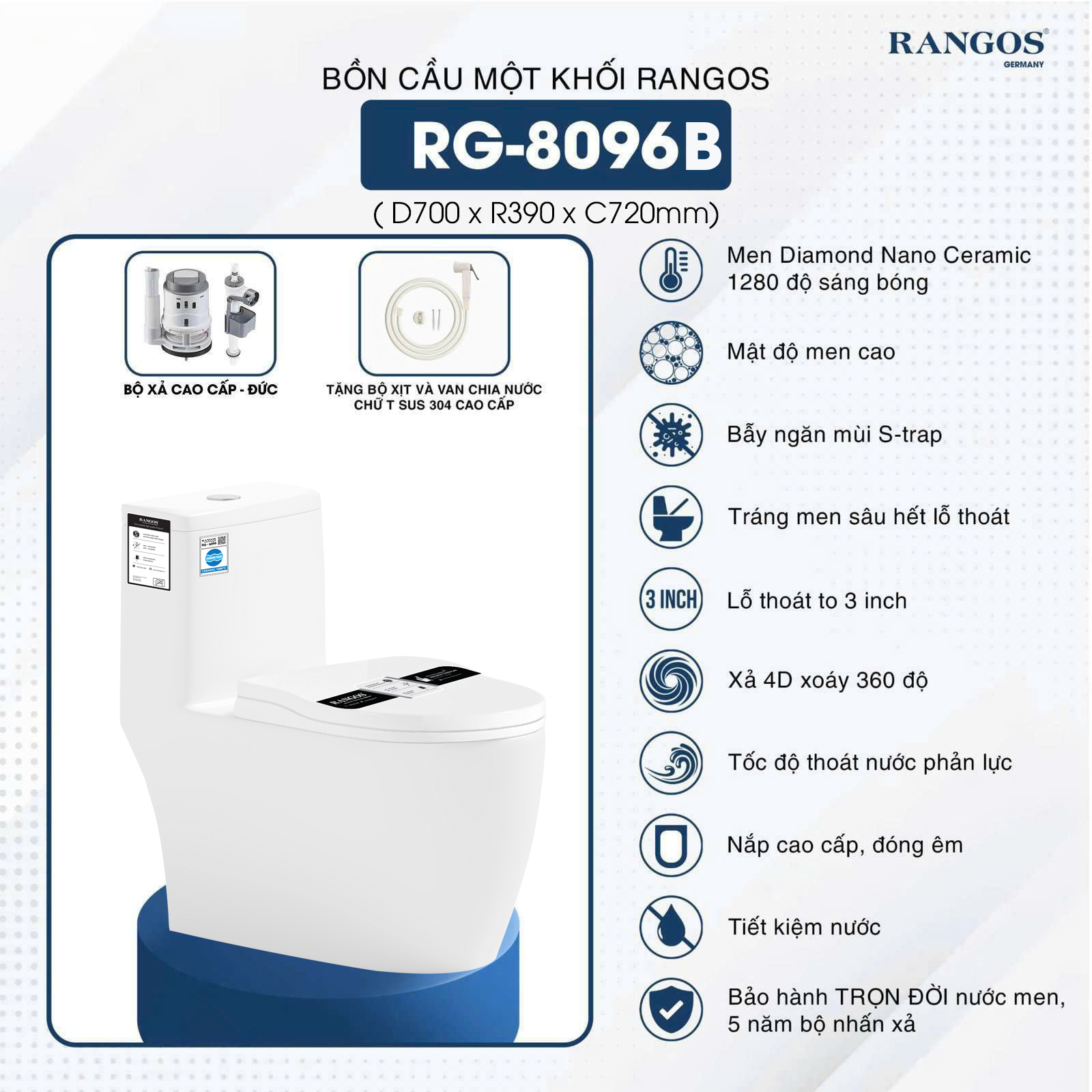Thông tin bồn cầu Rangos 1 khối RG-8096B