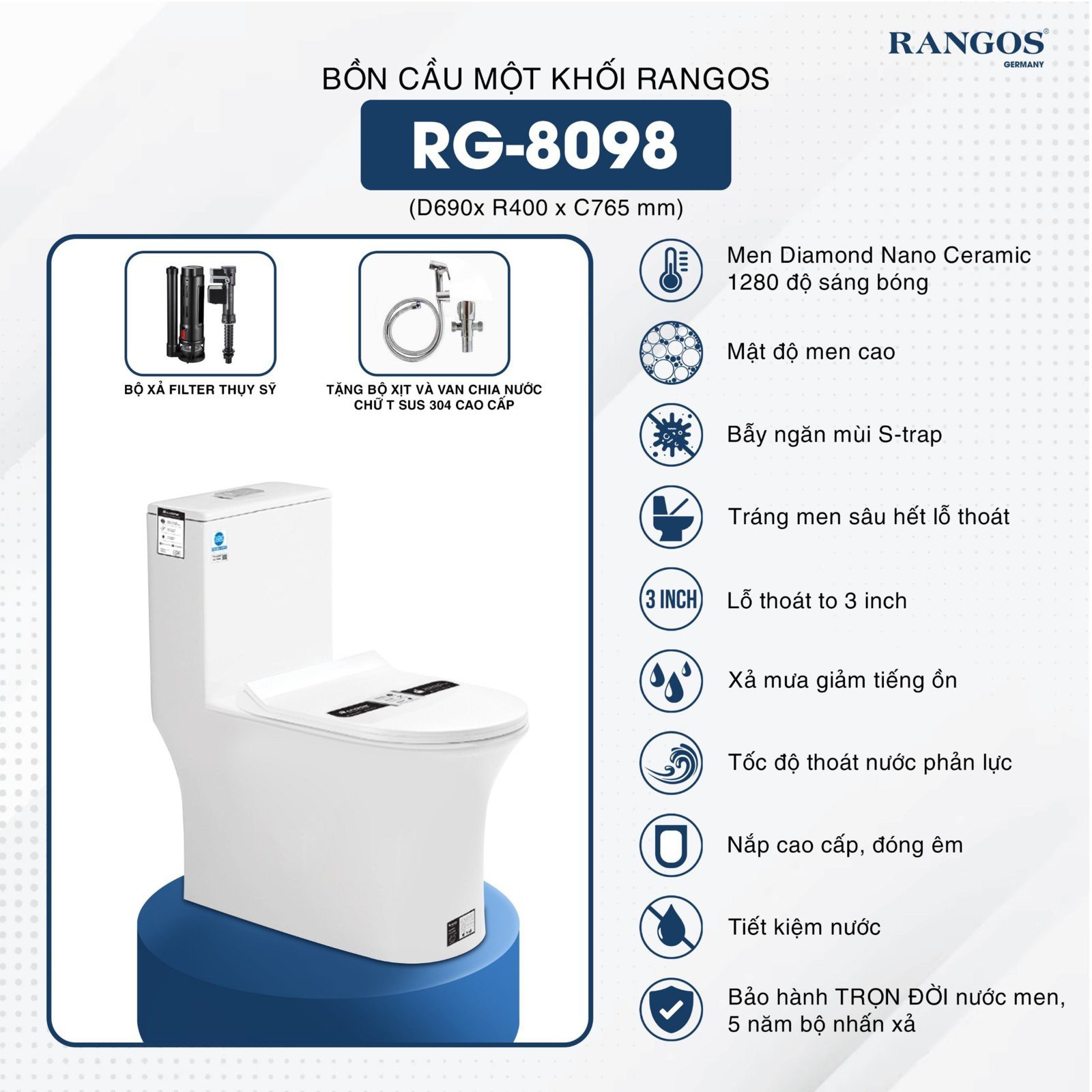 Tính năng bồn cầu Rangos RG-8098 một khối