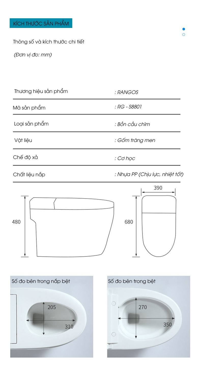 Thông số kỹ thuật bồn cầu 1 khối Rangos RG-S8801