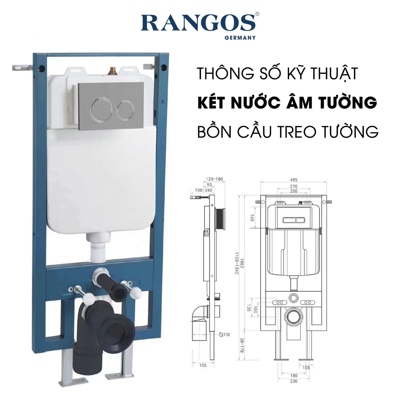 Két nước bồn cầu treo tường Rangos RG-S8803W