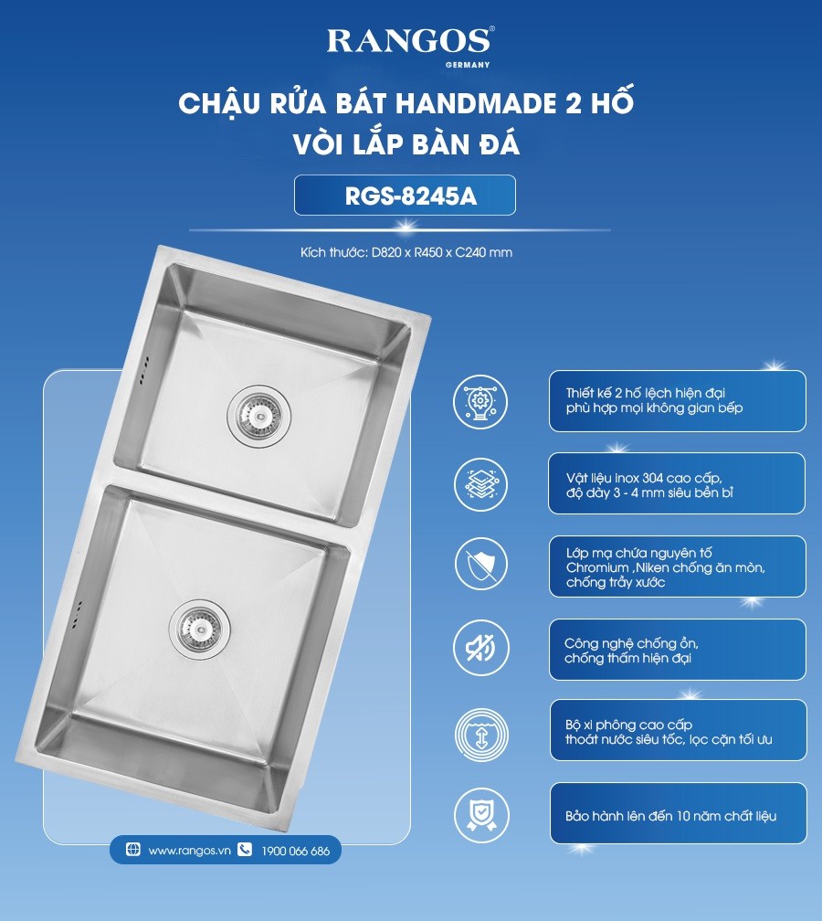 Chậu rửa bát Rangos RGS-8245A handmade 2 hố lệch