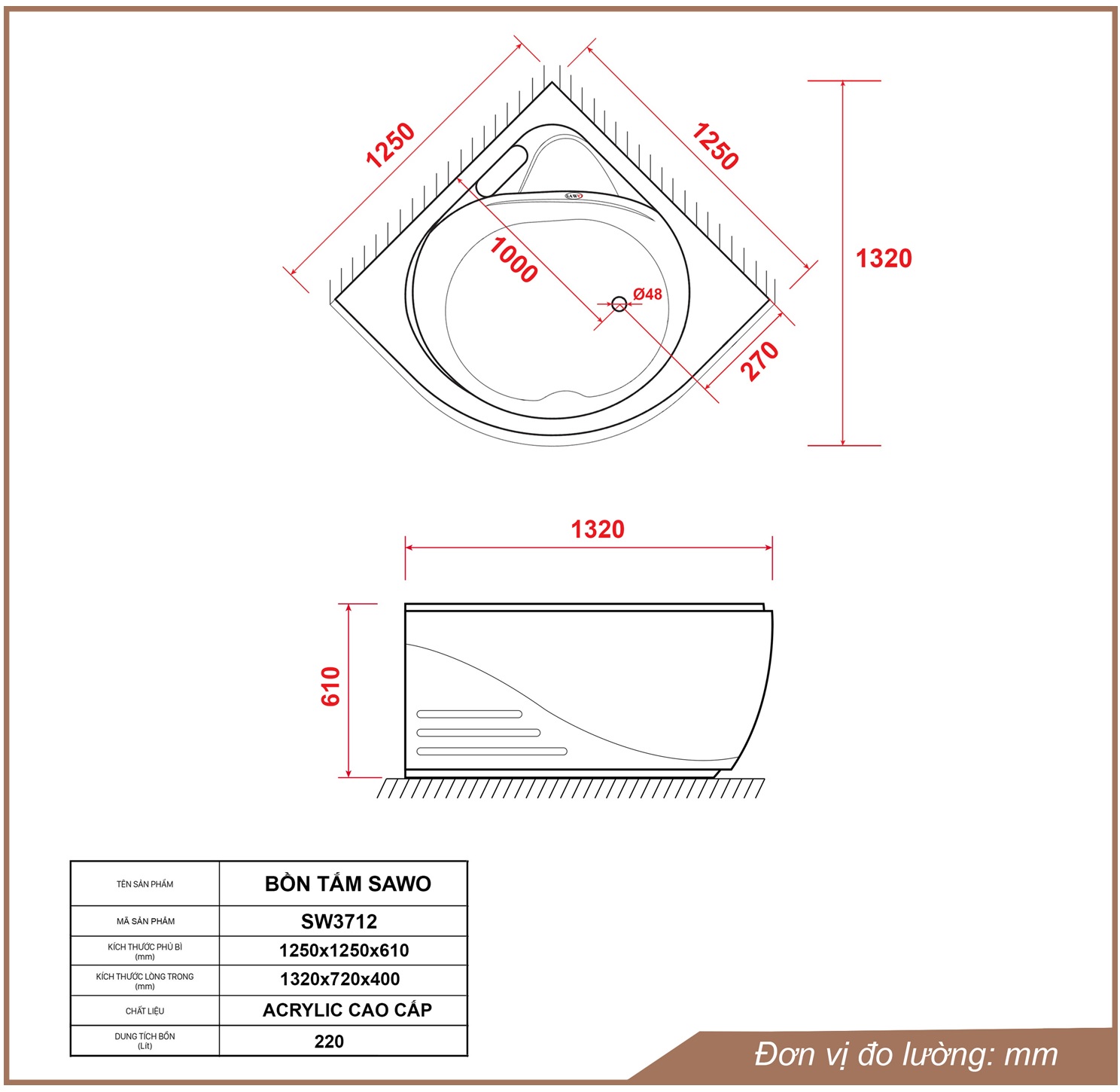 Bản vẽ bồn tắm góc acrylic Sawo SW3712