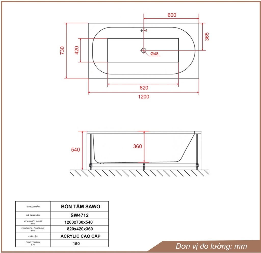 Bản vẽ bồn tắm ngâm acrylic Sawo SW4712